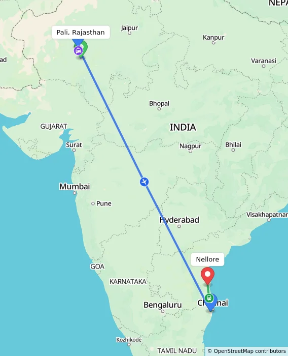 Route map showing distance and travel time from Pali, Rajasthan, India to Nellore, India