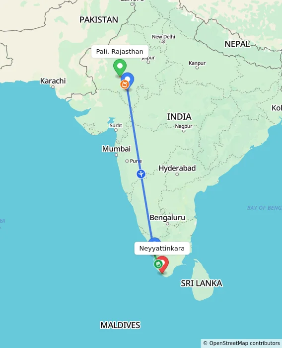 Route map showing distance and travel time from Pali, Rajasthan, India to Neyyattinkara, India