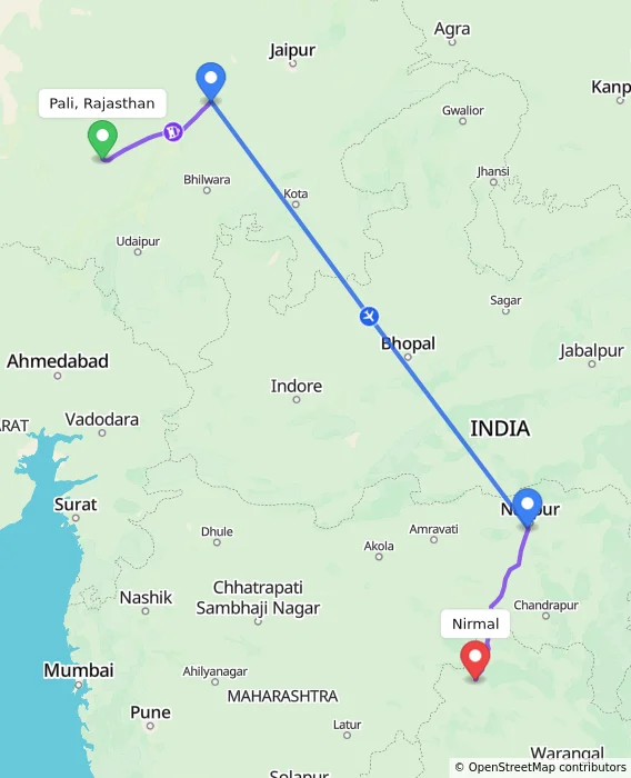 Route map showing distance and travel time from Pali, Rajasthan, India to Nirmal, India