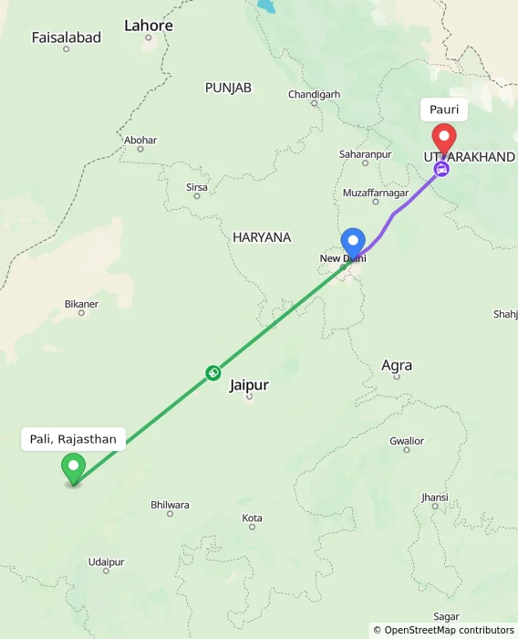 Route map showing distance and travel time from Pali, Rajasthan, India to Pauri, India