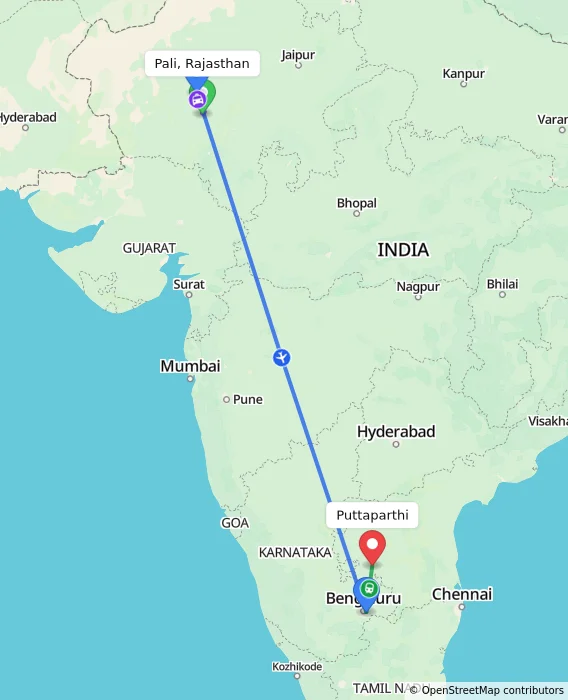 Route map showing distance and travel time from Pali, Rajasthan, India to Puttaparthi, India