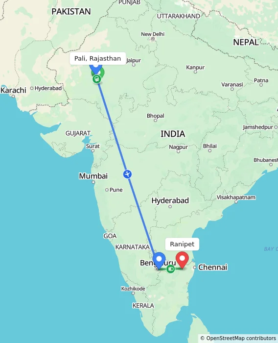 Route map showing distance and travel time from Pali, Rajasthan, India to Ranipet, India