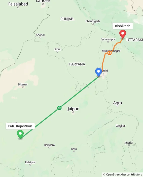 Route map showing distance and travel time from Pali, Rajasthan, India to Rishikesh, India