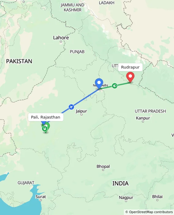 Route map showing distance and travel time from Pali, Rajasthan, India to Rudrapur, India
