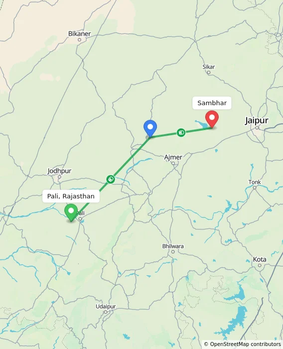 Route map showing distance and travel time from Pali, Rajasthan, India to Sambhar, India