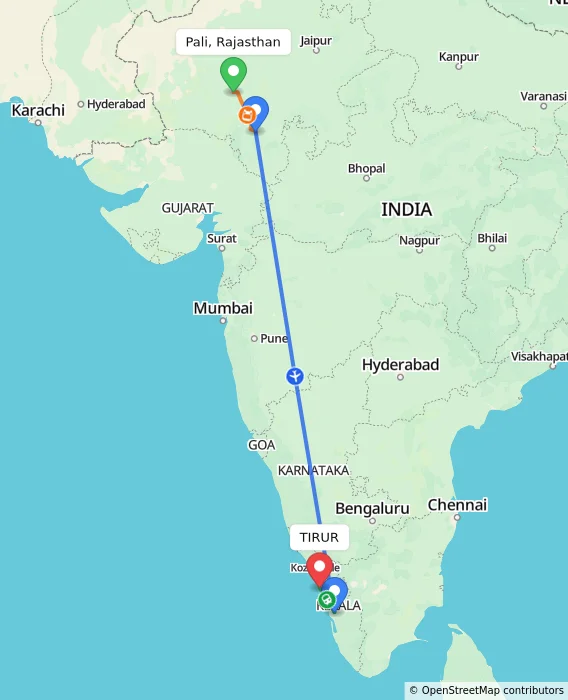 Route map showing distance and travel time from Pali, Rajasthan, India to TIRUR, India
