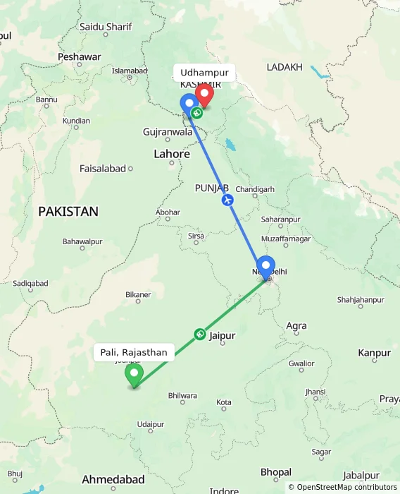 Route map showing distance and travel time from Pali, Rajasthan, India to Udhampur, India