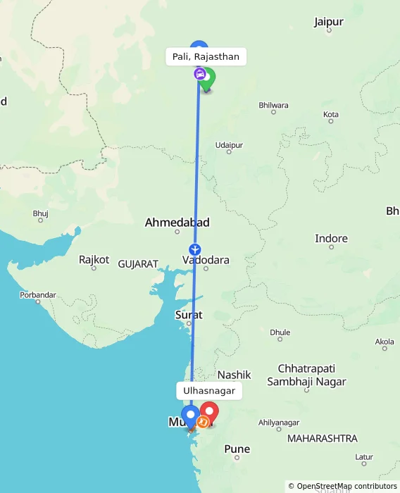 Route map showing distance and travel time from Pali, Rajasthan, India to Ulhasnagar, India