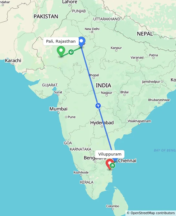 Route map showing distance and travel time from Pali, Rajasthan, India to Viluppuram, India