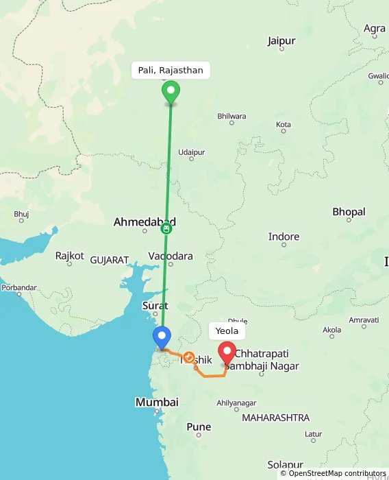 Route map showing distance and travel time from Pali, Rajasthan, India to Yeola, India