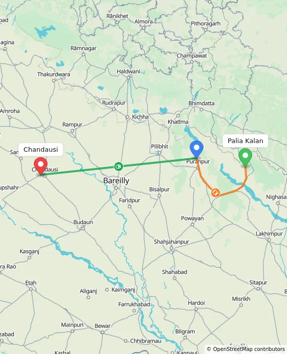 Route map showing distance and travel time from Palia Kalan, India to Chandausi, India