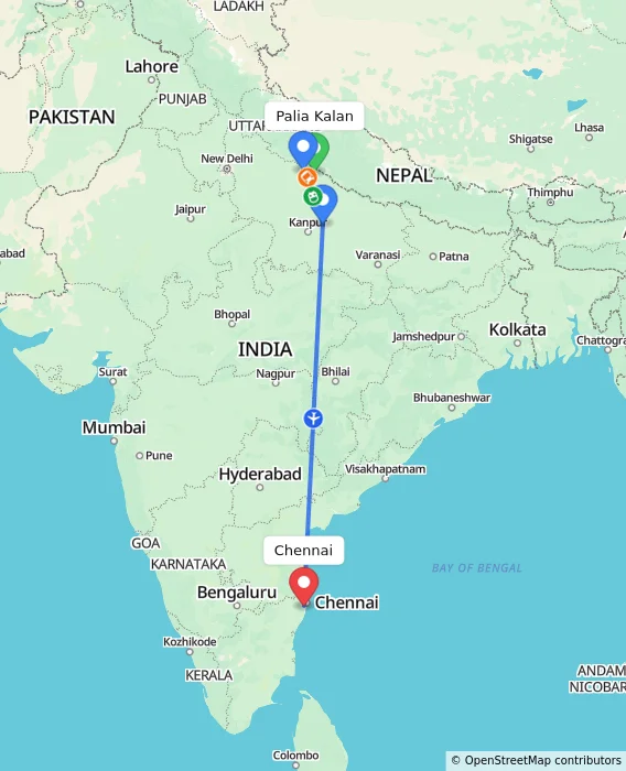 Route map showing distance and travel time from Palia Kalan, India to Chennai, India