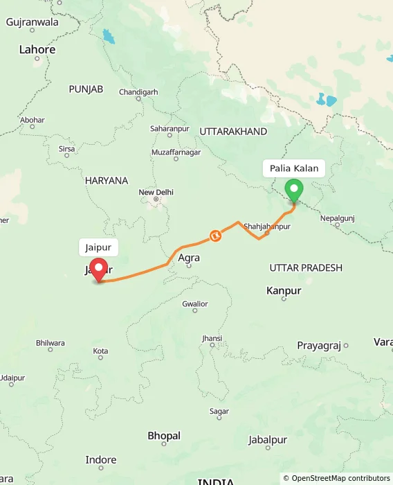 Route map showing distance and travel time from Palia Kalan, India to Jaipur, India