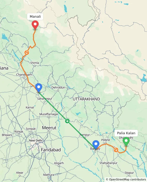 Route map showing distance and travel time from Palia Kalan, India to Manali, India
