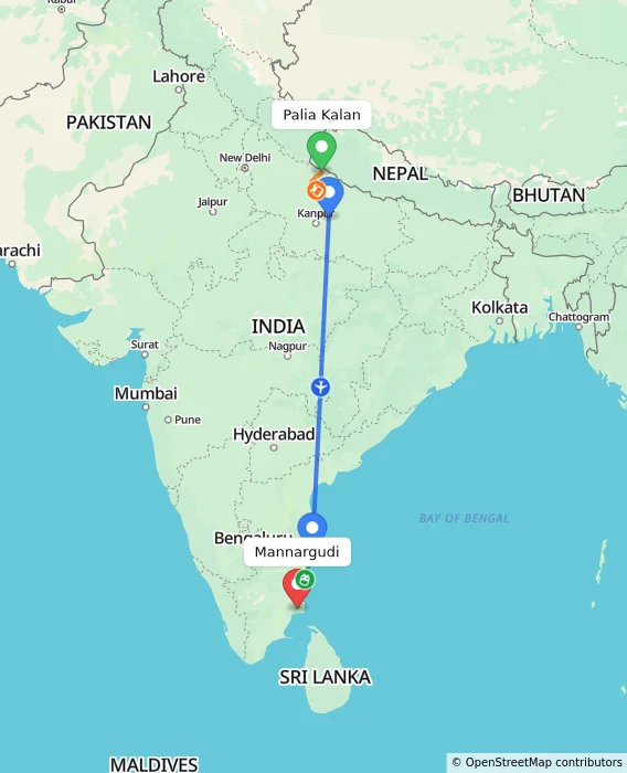 Route map showing distance and travel time from Palia Kalan, India to Mannargudi, India