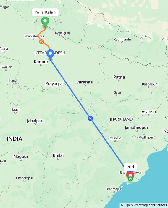 Route map showing distance and travel time from Palia Kalan, India to Puri, India