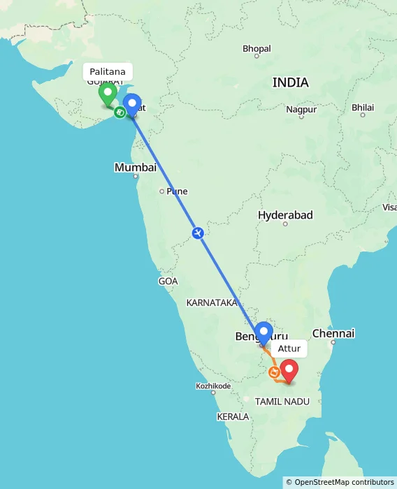 Route map showing distance and travel time from Palitana, India to Attur, India