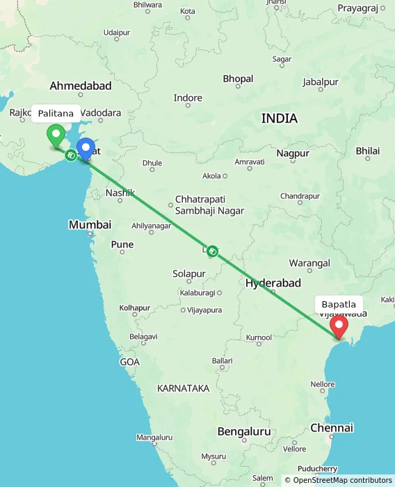 Route map showing distance and travel time from Palitana, India to Bapatla, India