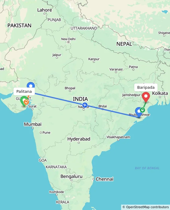 Route map showing distance and travel time from Palitana, India to Baripada, India