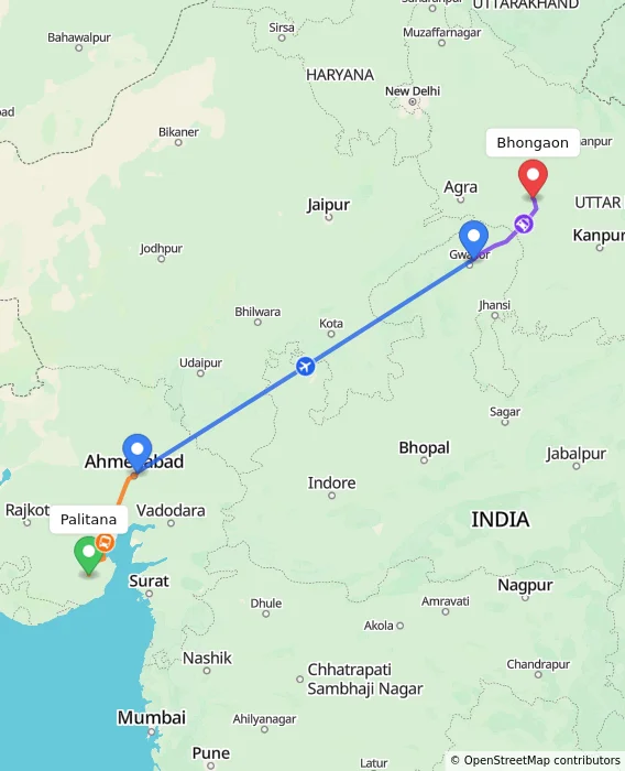 Route map showing distance and travel time from Palitana, India to Bhongaon, India