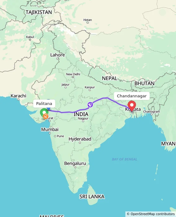 Route map showing distance and travel time from Palitana, India to Chandannagar, India