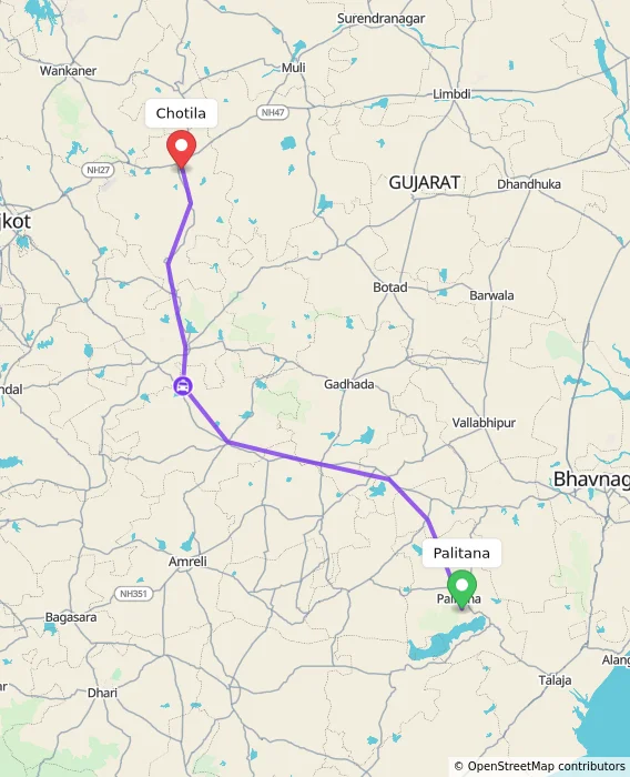 Route map showing distance and travel time from Palitana, India to Chotila, India