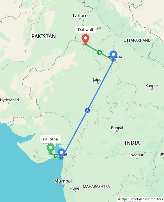 Route map showing distance and travel time from Palitana, India to Dabwali, India