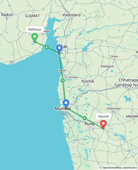 Route map showing distance and travel time from Palitana, India to Daund, India