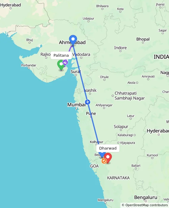 Route map showing distance and travel time from Palitana, India to Dharwad, India