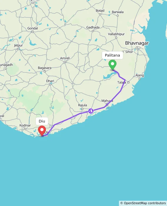 Route map showing distance and travel time from Palitana, India to Diu, India