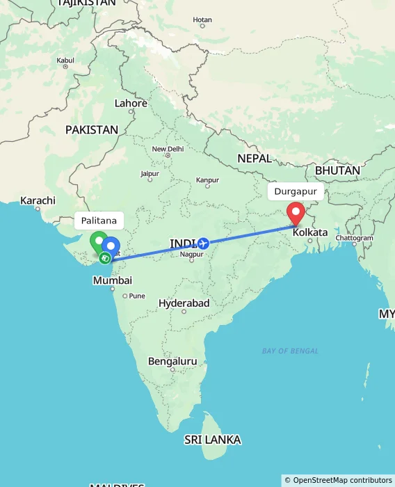 Route map showing distance and travel time from Palitana, India to Durgapur, India