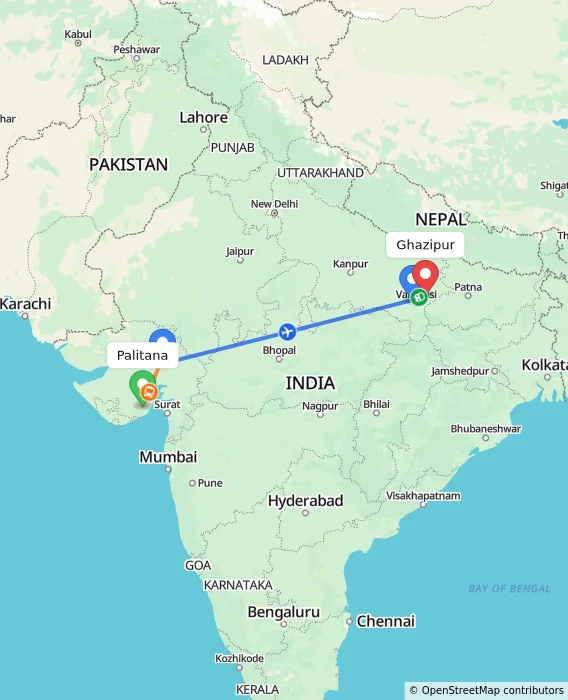 Route map showing distance and travel time from Palitana, India to Ghazipur, India