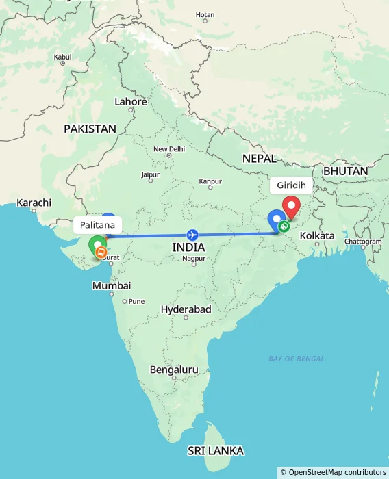 Route map showing distance and travel time from Palitana, India to Giridih, India