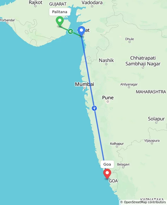 Route map showing distance and travel time from Palitana, India to Goa, India