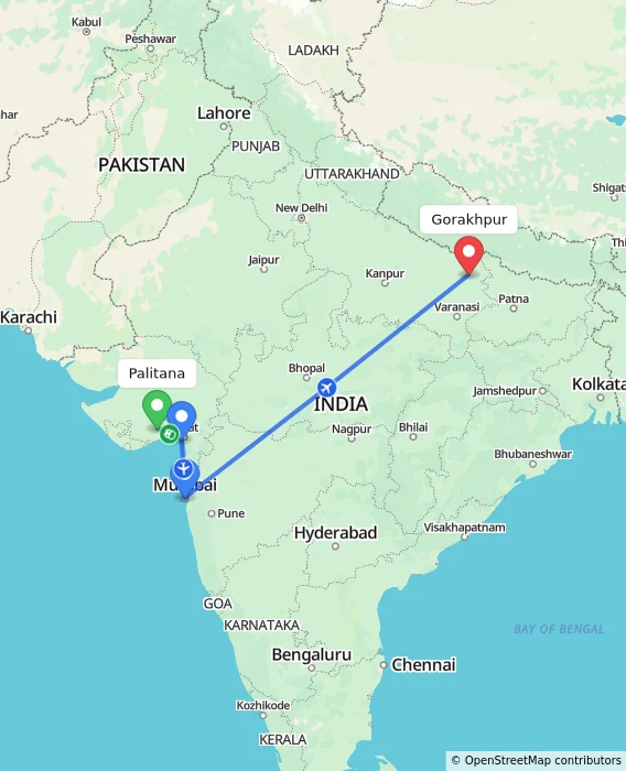 Route map showing distance and travel time from Palitana, India to Gorakhpur, India