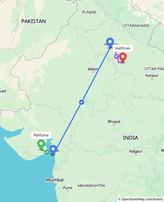Route map showing distance and travel time from Palitana, India to Hathras, India