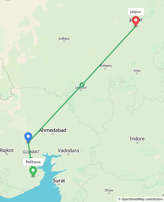 Route map showing distance and travel time from Palitana, India to Jaipur, India