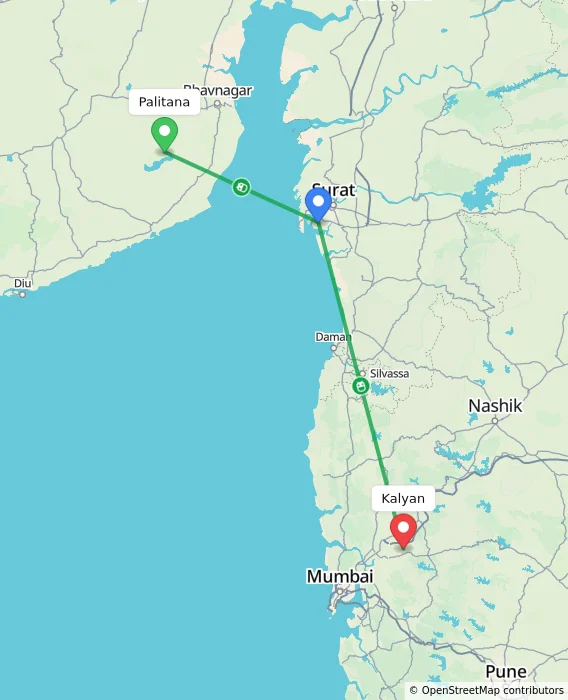 Route map showing distance and travel time from Palitana, India to Kalyan, India