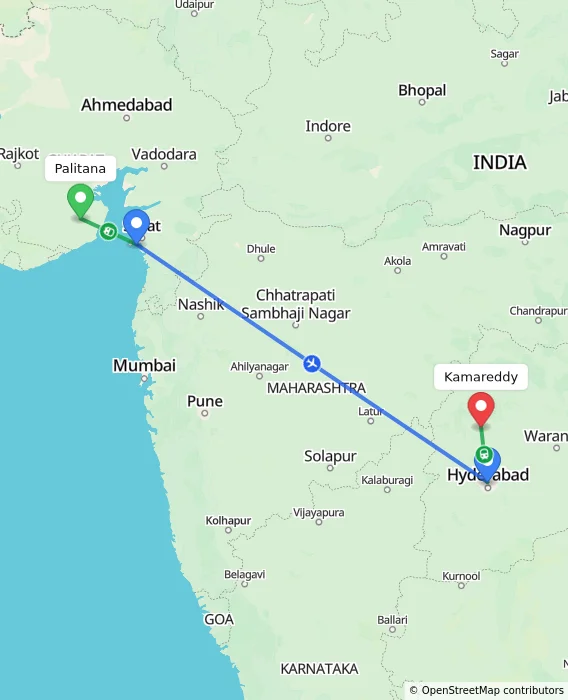 Route map showing distance and travel time from Palitana, India to Kamareddy, India