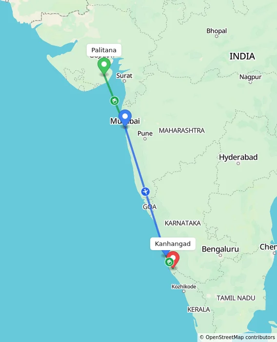 Route map showing distance and travel time from Palitana, India to Kanhangad, India