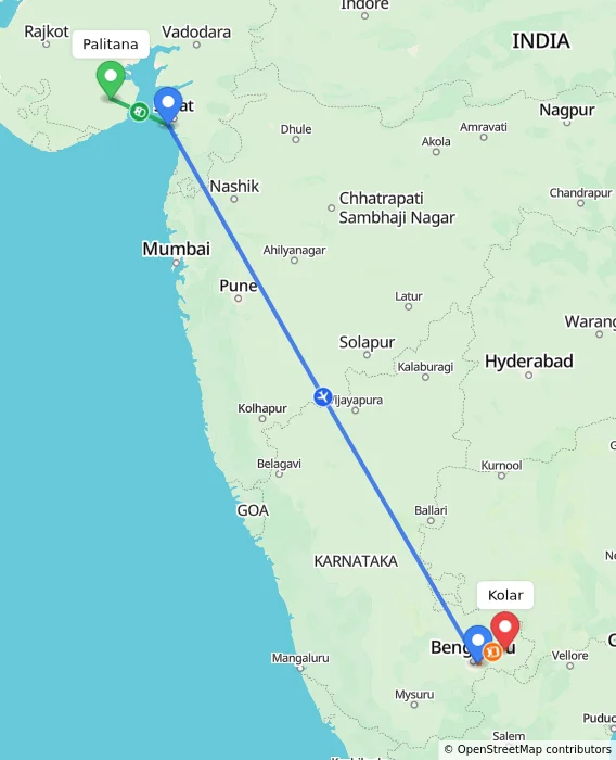 Route map showing distance and travel time from Palitana, India to Kolar, India