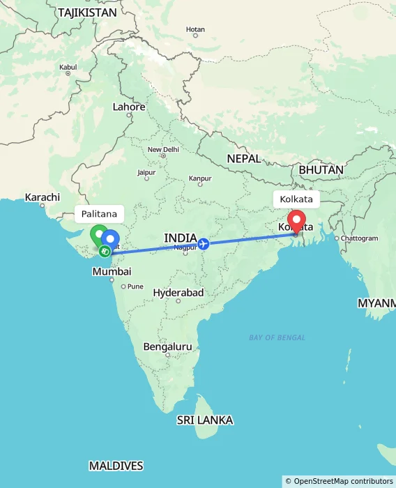 Route map showing distance and travel time from Palitana, India to Kolkata, India