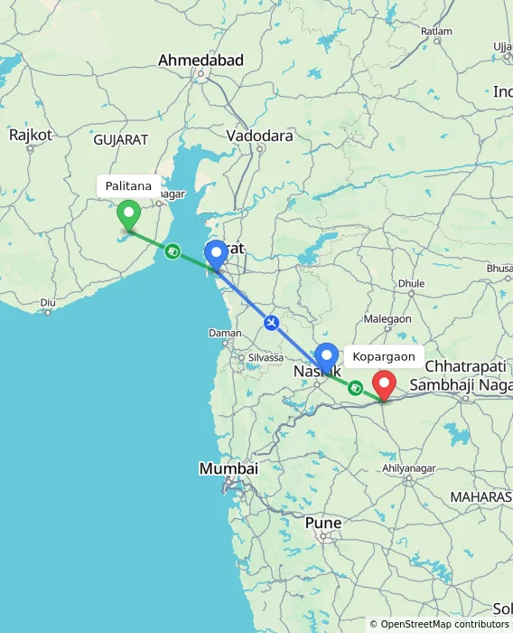 Route map showing distance and travel time from Palitana, India to Kopargaon, India