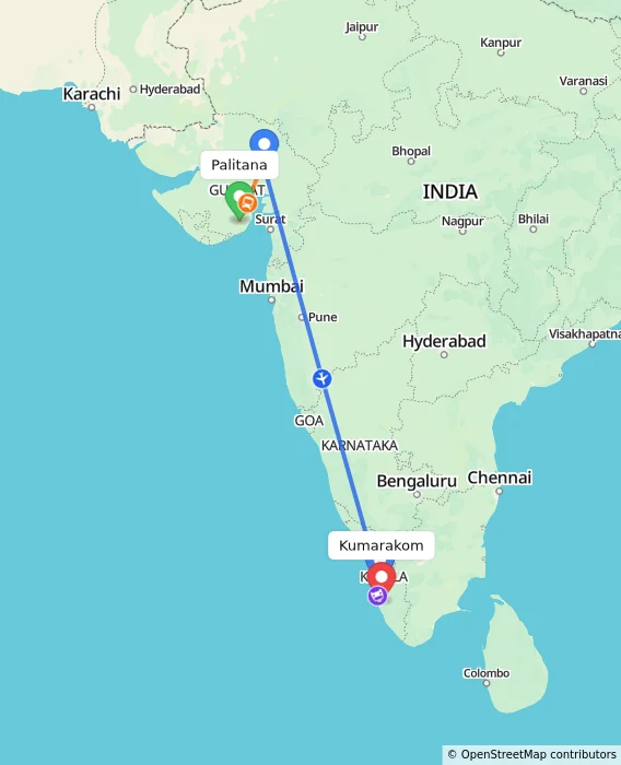 Route map showing distance and travel time from Palitana, India to Kumarakom, India