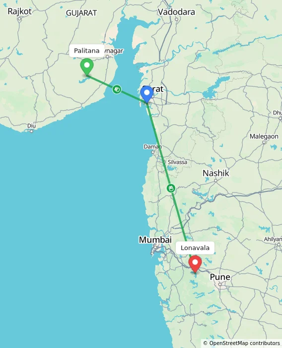 Route map showing distance and travel time from Palitana, India to Lonavala, India