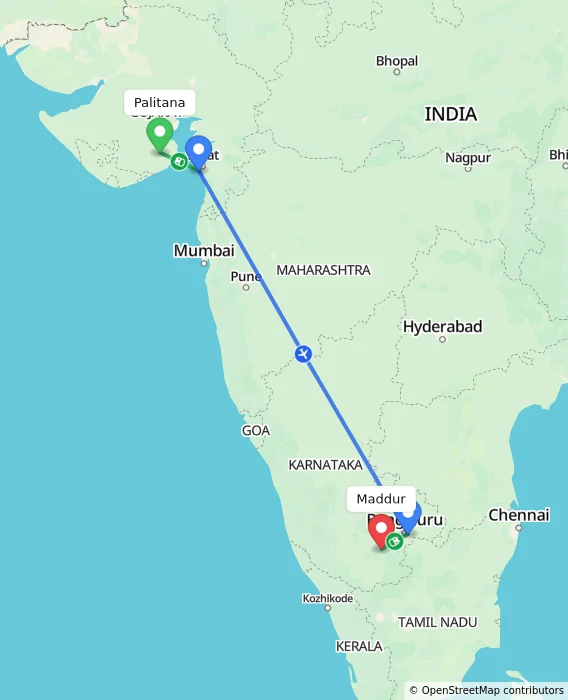 Route map showing distance and travel time from Palitana, India to Maddur, India