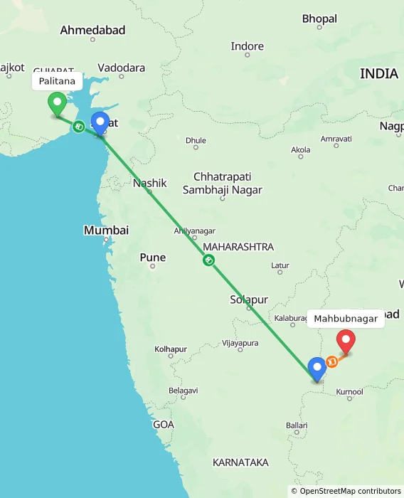 Route map showing distance and travel time from Palitana, India to Mahbubnagar, India