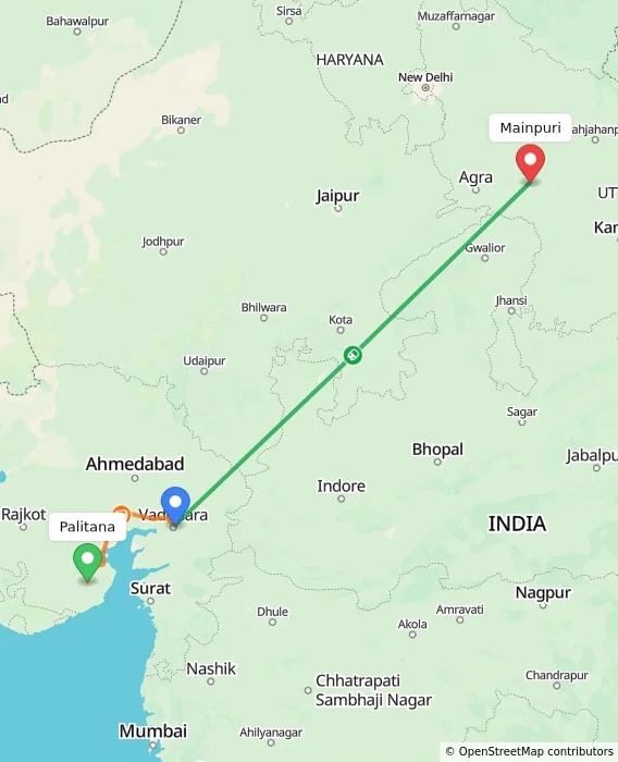 Route map showing distance and travel time from Palitana, India to Mainpuri, India