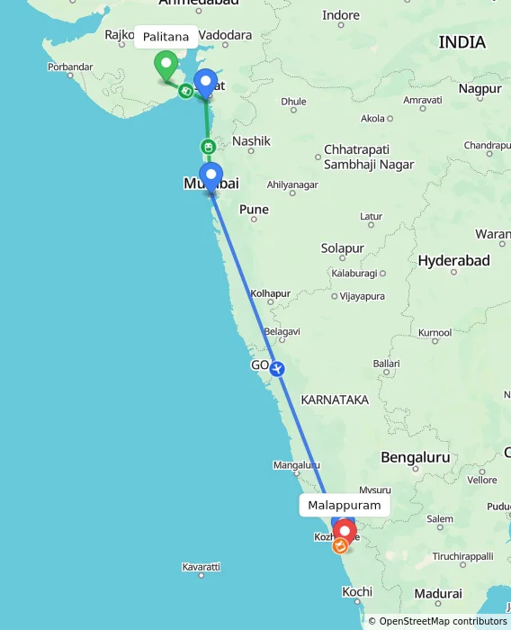 Route map showing distance and travel time from Palitana, India to Malappuram, India