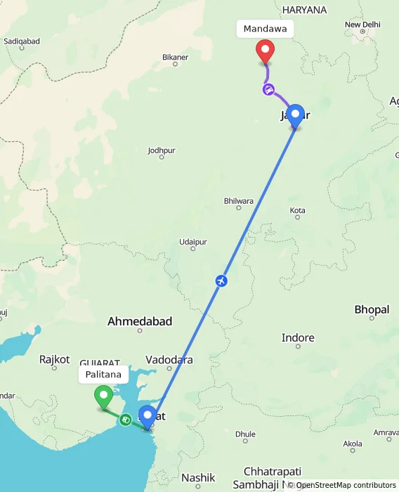 Route map showing distance and travel time from Palitana, India to Mandawa, India
